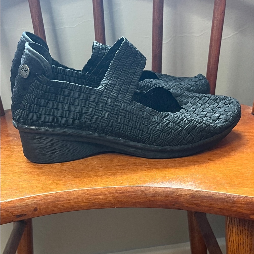 Bernie Mev Black Charm Woven Mary Jane Wedge Shoe Size 37